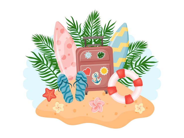 Wyspa na plaży z letnimi elementami w tle błękitnego nieba Ilustracja wektorowa Styl kreskówki Na białym tle