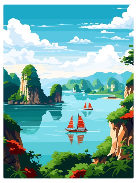 Plik wektorowy wyspy zatoki ha long vietnam vintage travel poster souvenir postcard portret malarstwo ilustracja