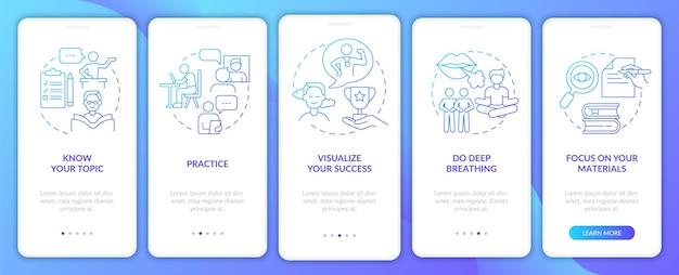 Wystąpienia publiczne strach niebieski gradient onboarding ekran aplikacji mobilnej Pokonanie przewodnika 5 kroków instrukcji graficznych strony z liniowymi koncepcjami Szablon UI UX GUI Myriad ProBold Użyte zwykłe czcionki