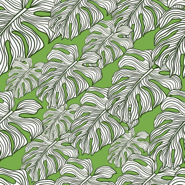 Wystrój Hawaje wzór z ornamentem liści monstera losowego konturu. Zielone tło.