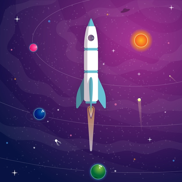 wystrzelenie rakiety na tle kosmosu z planetami