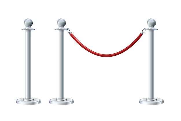 Plik wektorowy wysuwany stojak na pasek przenośna taśma barierowa czerwony dywan z czerwonymi linami na srebrnych słupkach ekskluzywny