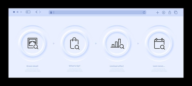 Wyszukiwanie informacji zestaw ikona Obraz statystyki zakupów online wykres słupkowy kalendarz cyfrowy powiększanie i pomniejszanie lupa Koncepcja technologii Neomorfizm interfejs strony internetowej Ikona linii wektorowej
