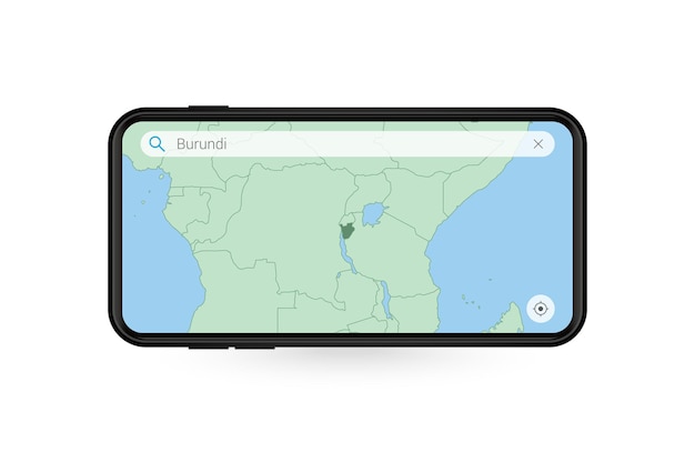 Wyszukiwanie mapy Burundi w aplikacji mapy na smartfona. Mapa Burundi w telefonie komórkowym.