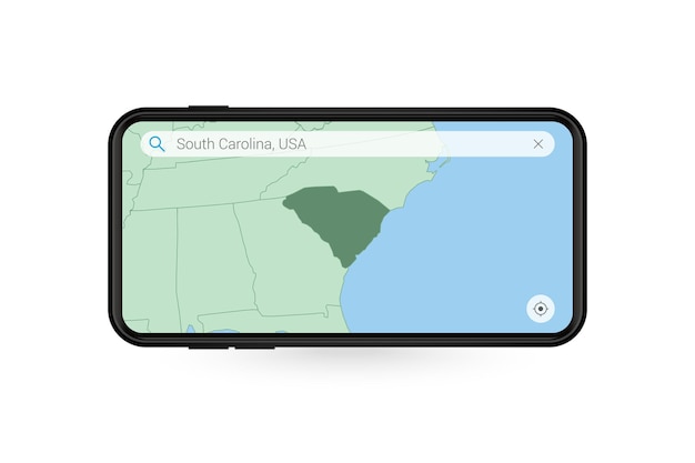 Wyszukiwanie mapy Południowej Karoliny w aplikacji mapy na smartfony. Mapa Południowej Karoliny w telefonie komórkowym.