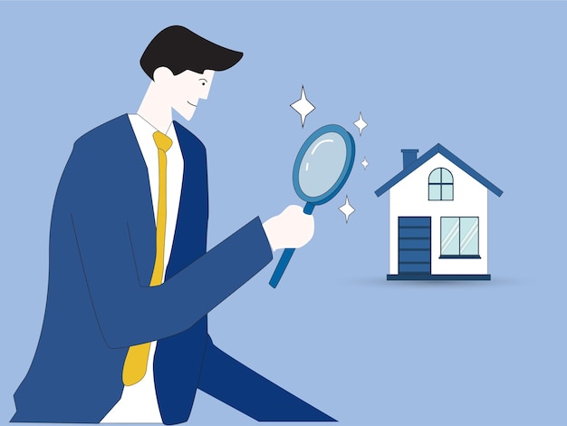 Plik wektorowy wyszukiwanie nowego domu w celu wyceny nieruchomości i zakwaterowania lub nowej koncepcji wynajmu i kredytu hipotecznego inteligentny biznesmen korzystający z powiększania szkła powiększającego, aby zobaczyć szczegóły domu lub mieszkania