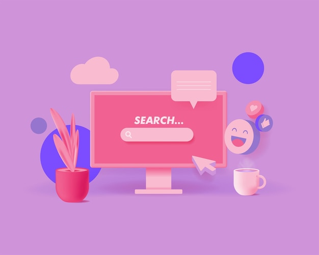 Wyszukiwanie paska internetowego na ekranie nowoczesnego komputera osobistego. 3d ładny styl wektor ilustracja z uroczymi elementami. Skopiuj miejsce. Banery, szablon postów w mediach społecznościowych.