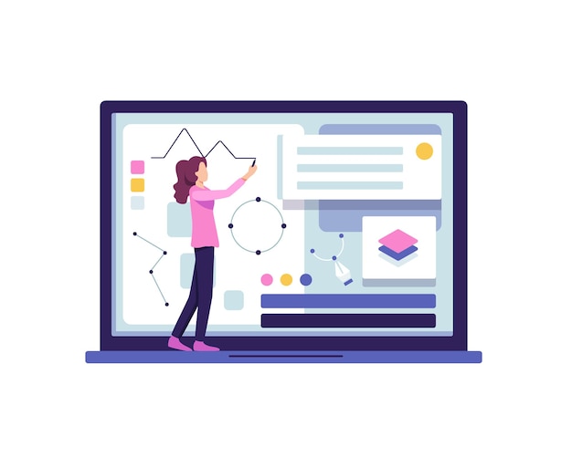 Wyszukiwanie, projektowanie i rozwój kreatywny. Kobieta projektantka buduje i projektuje stronę internetową, proces twórczy, koncepcja burzy mózgów. Ilustracja wektorowa w stylu płaskiej