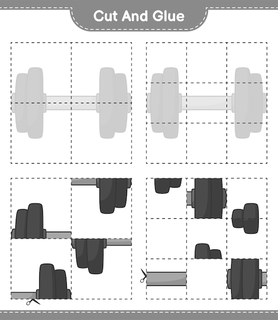 Plik wektorowy wytnij i przyklej wyciąć części hantle i przykleić je gra edukacyjna dla dzieci do druku ilustracji wektorowych arkusza