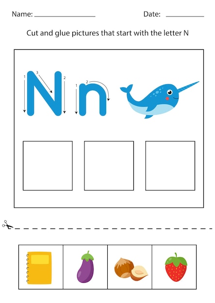 Wytnij I Przyklej Zdjęcia, Które Zaczynają Się Na Literę N. Arkusz Alfabetu.