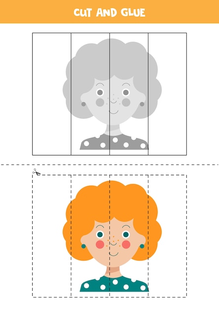 Plik wektorowy wytnij i wklej zdjęcie z uroczą szczęśliwą rudowłosą dziewczyną. puzzle edukacyjne dla przedszkolaków.