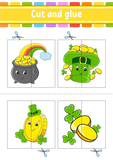 Wytnij I Zagraj Papierowa Gra Z Klejem Karty Flash Edukacja Arkusz Aktywności Strona Zabawna Postać Z Kreskówek W Stylu Ilustracji Wektorowych