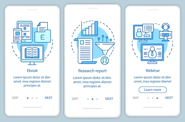 Względna Zawartość Niebieski Szablon Wektora Strony Do Aplikacji Mobilnej. Raport Z Badań Instruktażowych Krok Po Kroku Witryny Z Ilustracjami Liniowymi. Koncepcja Interfejsu Smartfona Ux, Ui, Gui