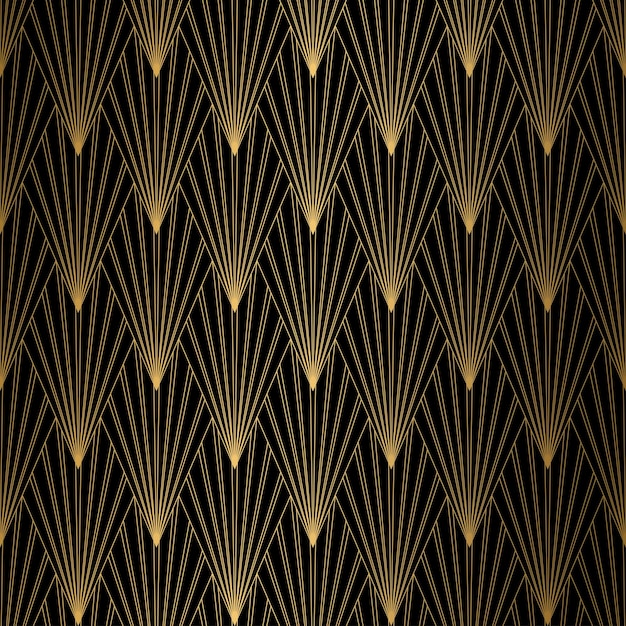 Wzór Art Deco Bezszwone czarne i złote tło Metalowe muszle lub łuski ornament koronkowy Minimalistyczny projekt geometryczny Linie wektorowe motywy lat 20. i 30.