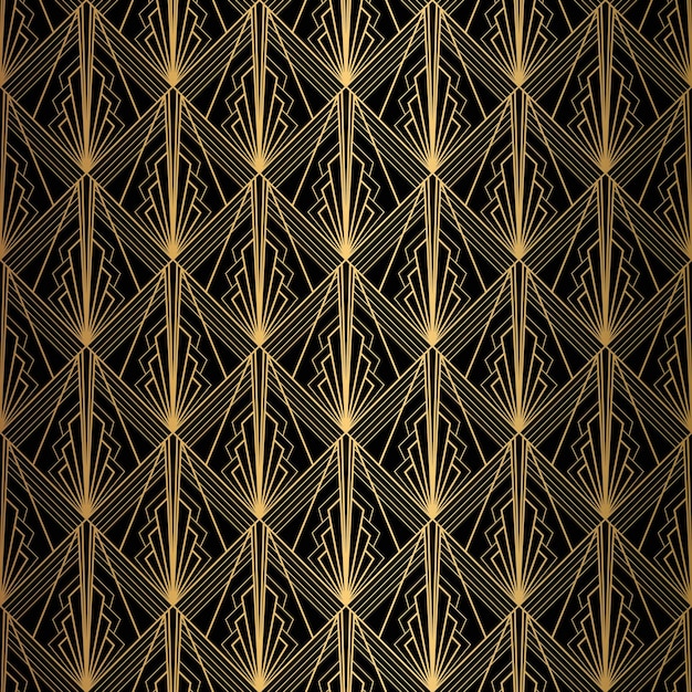 Wzór Art Deco Bezszwone czarne i złote tło Metalowe muszle lub łuski ornament koronkowy Minimalistyczny projekt geometryczny Linie wektorowe motywy lat 20. i 30.
