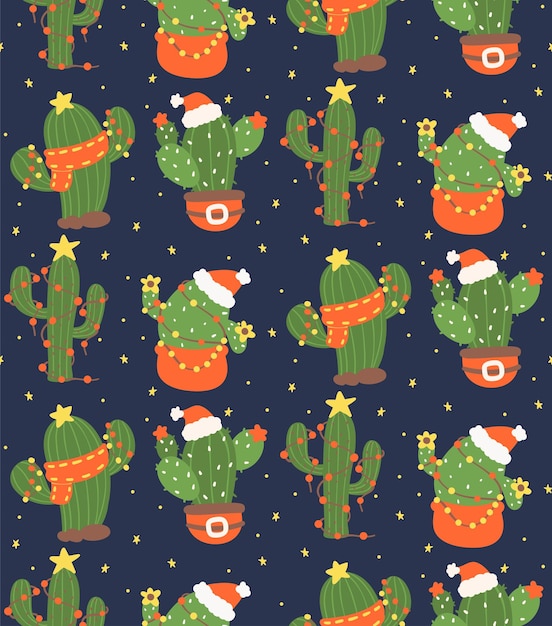 Wzór Bezszwowy Kaktus bożonarodzeniowy Karton Kawaii Retro Zachodnia roślina izolowana na tle