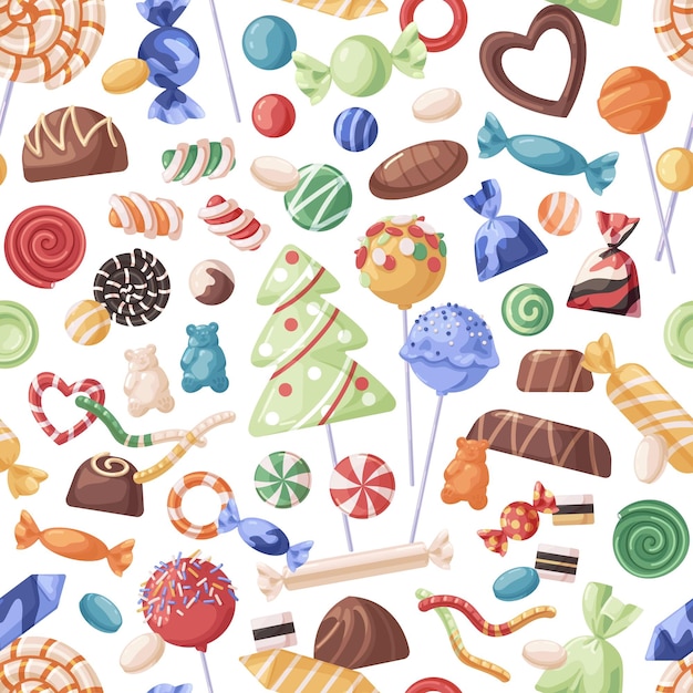 Plik wektorowy wzór cukierków bez szwu. niekończący się projekt tła z powtarzającym się nadrukiem słodyczy. tekstura wyrobów cukierniczych z lizakami, wirami cukru i karmelkami. kolorowa płaska ilustracja wektorowa do pakowania.
