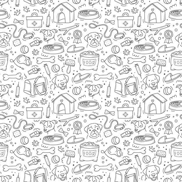 Wzór elementów produktów dla zwierząt domowych narysowanych w stylu doodle