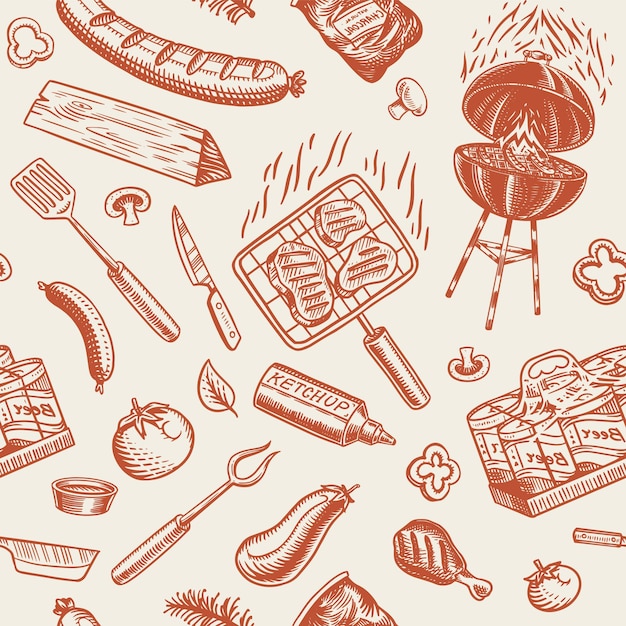 Plik wektorowy wzór grilla w stylu vintage rysowane ręcznie składniki imprezy z grillem gorące jedzenie z grilla, piwo i narzędzia, warzywa i przyprawy ilustracja wektorowa dla menu lub etykiet