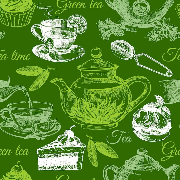 Wzór Herbaty I Ciasta. Ręcznie Rysowane Szkic Ilustracji. Projekt Menu