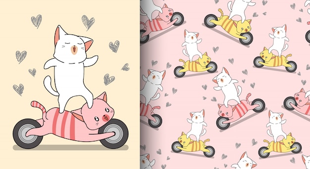 Wzór Kawaii Kot Jedzie Motocykl Kota