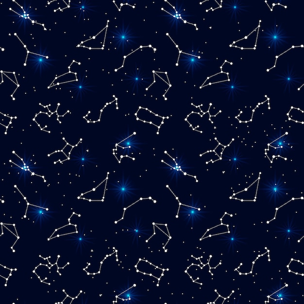 Wzór, konstelacje zodiaku i świecące gwiazdy w przestrzeni kosmicznej. Tło, druk, wektor
