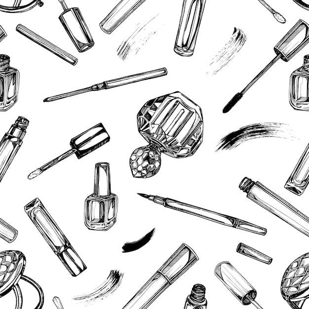 Wzór kosmetyków czarno-białe grafiki ręcznie rysowane ilustracji wektorowych