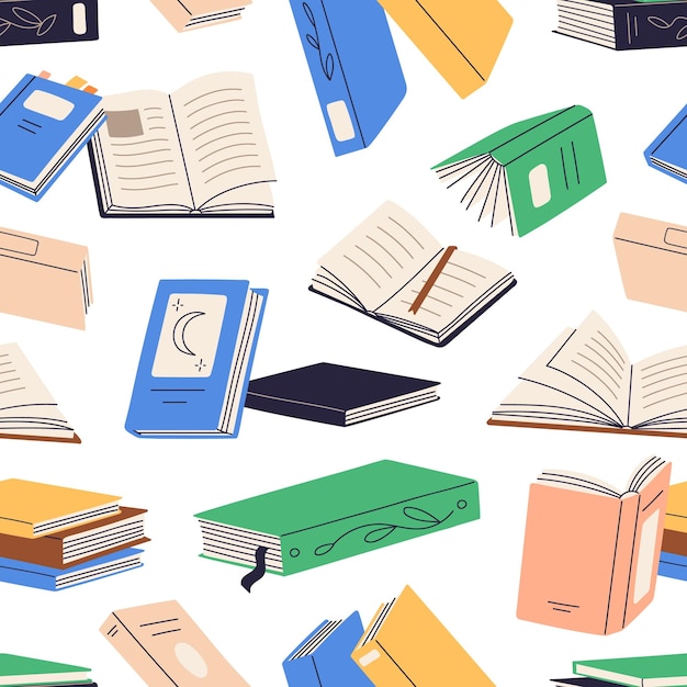 Wzór książki. Bezszwowe tło z papierową literaturą dla edukacji, czytanie. Powtarzający się nadruk, tekstura z podręcznikami do biblioteki, dekoracja szkolna. Kolorowa płaska grafika wektorowa.