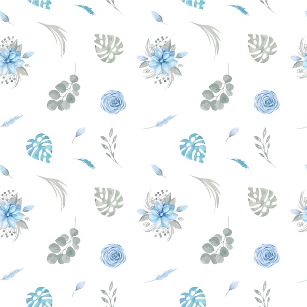 Wzór kwiatowy niebieskie kwiaty i zieleń na białym tle.