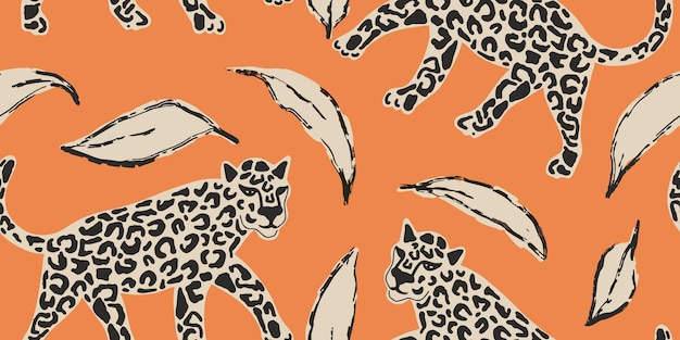 Wzór leoparda i liścia na pomarańczowym tle