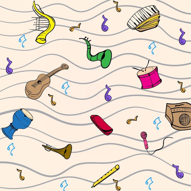 Wzór Linii Z Instrumentami Muzycznymi Ręcznie Rysowane Ilustracji Wektorowych