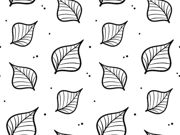 Wzór liści Doodle ręcznie narysowane kształty kwiatowe i liście bez szwu tło proste czarne
