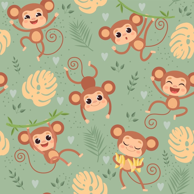 Wzór Małpy. Dziki Mały Zwierzę Szympans Bawić Się Na Dżungla Drzewa Tekstylnego Projekta Projekta Kreskówki Bezszwowym Tle