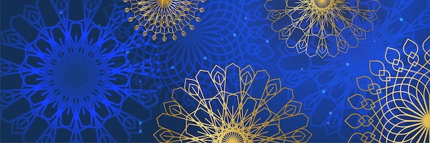 Wzór Mandali Niebieski I Złoty Kolorowy Szeroki Transparent Tło