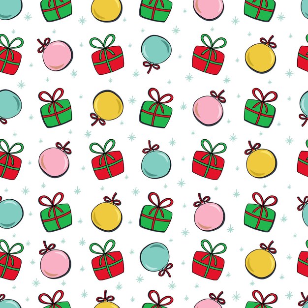 Plik wektorowy wzór noworoczny z prezentami i piłkami na choinkę