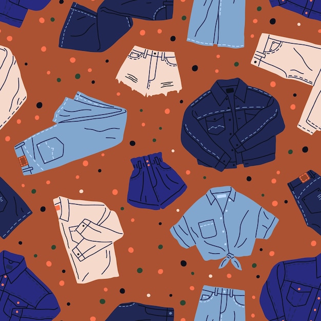 Plik wektorowy wzór odzieży jeansowej. bezszwowe tło z moda dżinsowe ubrania. niekończący się, powtarzający się projekt z nowoczesną odzieżą codzienną, spodniami, kurtkami i szortami. ilustracja wektora płaskiego do pakowania.