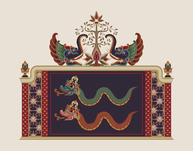 Wzór ramki i ilustracja smoka w stylu jawajskiego wayang