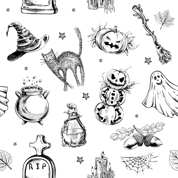 Wzór ręcznie rysowane elementy halloween w stylu szkicu