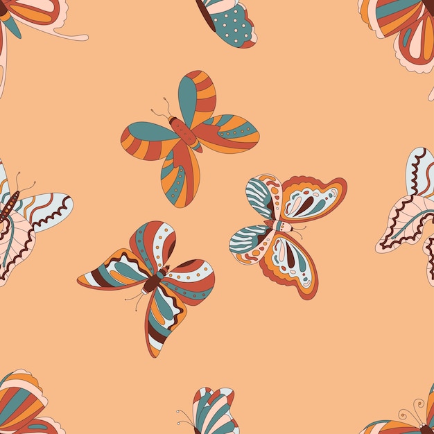 Wzór retro hippie motyl 60s 70s. Letni druk wektorowy Boho na tkaniny, tekstylia, okładki