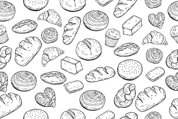 Wzór. Różne wypieki. Chleb. Doodle styl. Do twojego projektu.