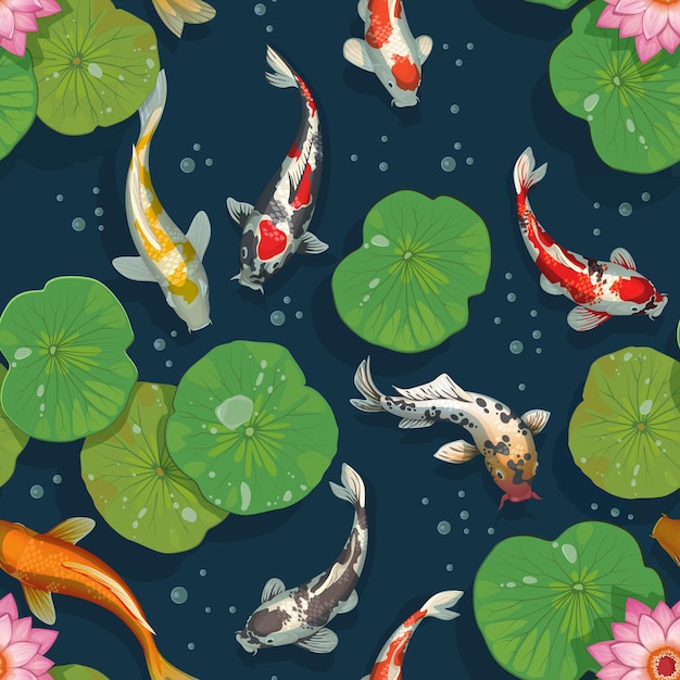 Wzór Ryb Koi Złote Karpie Tekstura Orientalny, Tradycyjny Szablon Tła Z Lilią Wodną I Japońską Złotą Rybką Azjatyckie Zwierzęta Podwodne Pływające W Stawie Makieta Wektorowego Chińskiego Wydruku