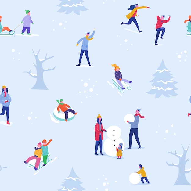 Wzór Sezonu Zimowego Z Ludźmi Na Nartach, łyżwach, Sankach