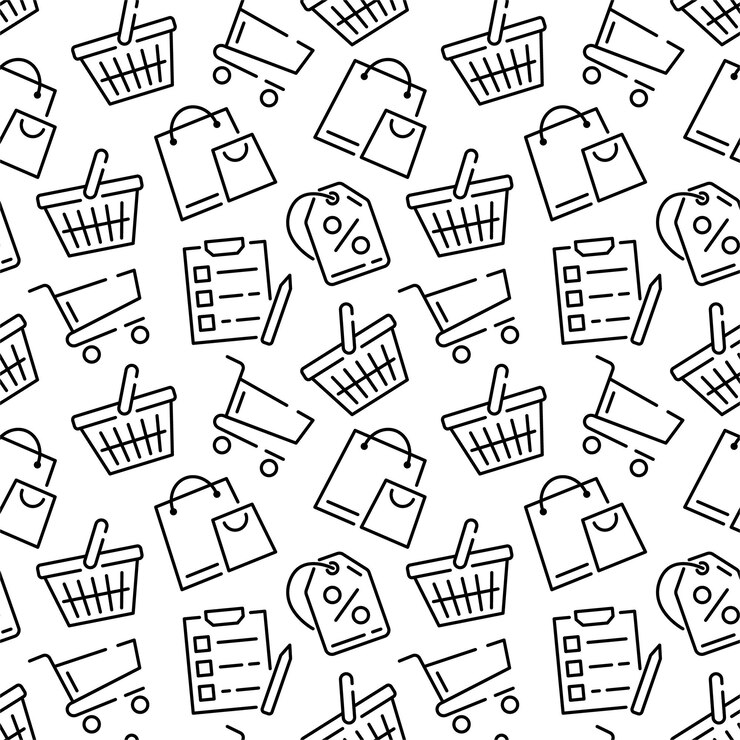 Wektor wzór supermarketu bezszwone tło ikony dla sklepów i handlu kosz i kosz sklepowy torba butikowa etykieta cenowa lista zakupów piktogramy liniowe symbole handlowe projekt drukowania wektorowego
