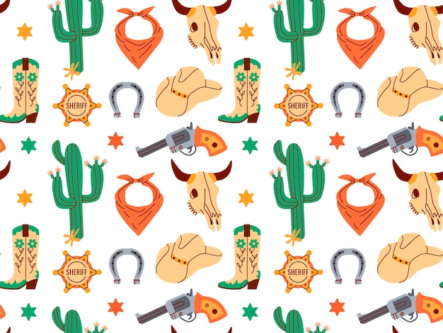 Wzór symboli kowbojskich motywu zachodniego koncepcja dzikiego zachodu ręcznie rysowane kolorowy zestaw wektorowy Ikony clipart Płaska ilustracja wektorowa