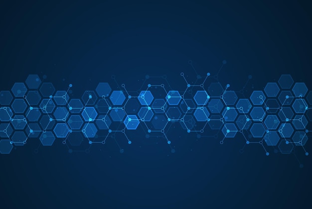 Wzór sześciokątów na niebieskim tle Badania genetyczne struktura molekularna Inżynieria chemiczna Koncepcja technologii innowacji Wykorzystywany do projektowania nauki o opiece zdrowotnej i medycyny