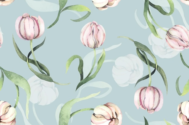 Wzór Tulipanów I Kwitnących Kwiatów Z Akwarelą Na Tkaninę I Tapetę.tło Botaniczne