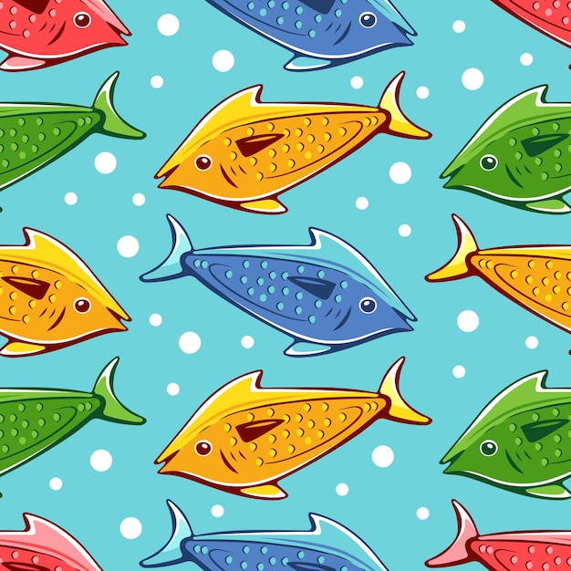 Plik wektorowy wzór wektorowy z kolorową rybą w stylu kreskówki bazgroły