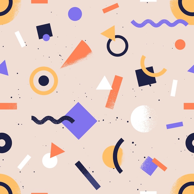 Wzór z abstrakcyjnymi kształtami geometrycznymi. Modne kolorowe tło retro z figurami geometrycznymi. Stylowa tapeta lub nadruk na tkaninie. Płaskie wektor teksturowanej powtarzalne tło.