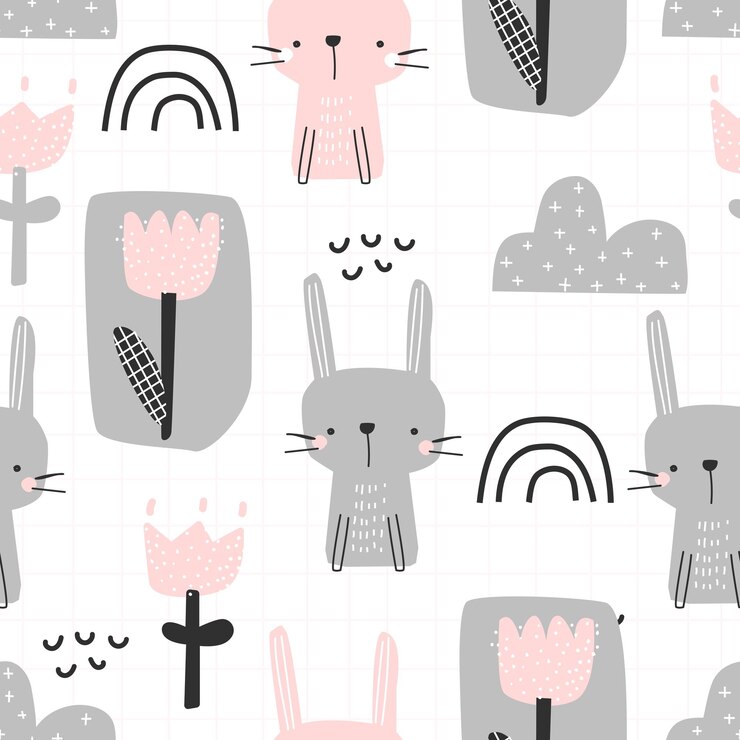 Wzór z cute tęczy króliczka i kwiaty na białym tle ilustracji wektorowych