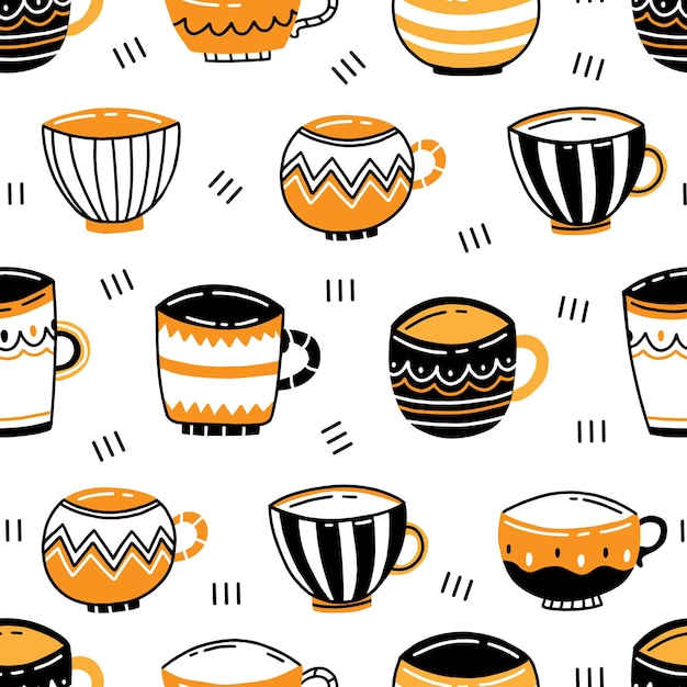 Wzór z czarno-pomarańczowymi filiżankami ceramicznymi w prostym stylu doodle na białym tle